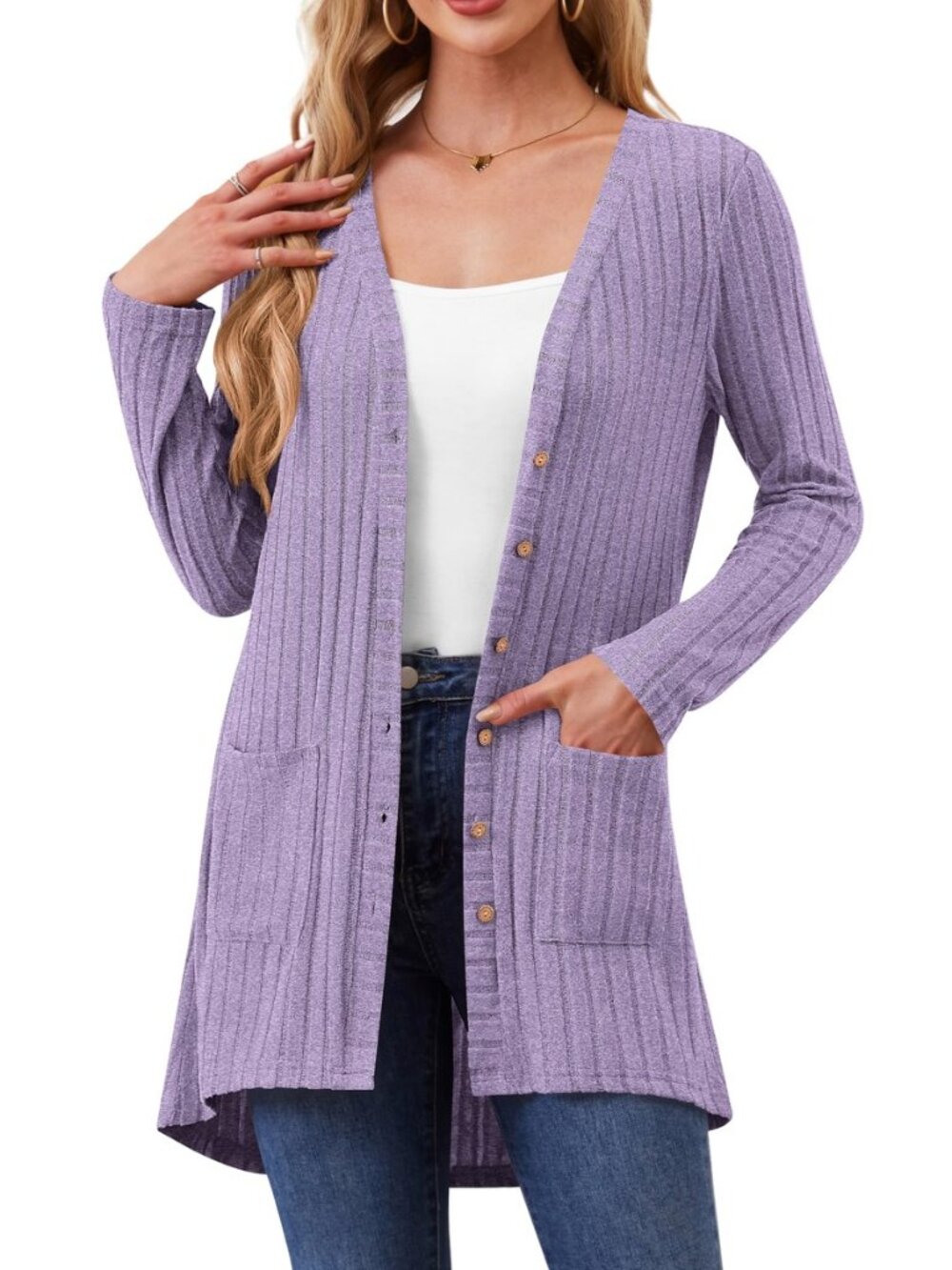 Women Cardigans Open Front Lightweight Button Down Duster Long Cardigan Vertical
